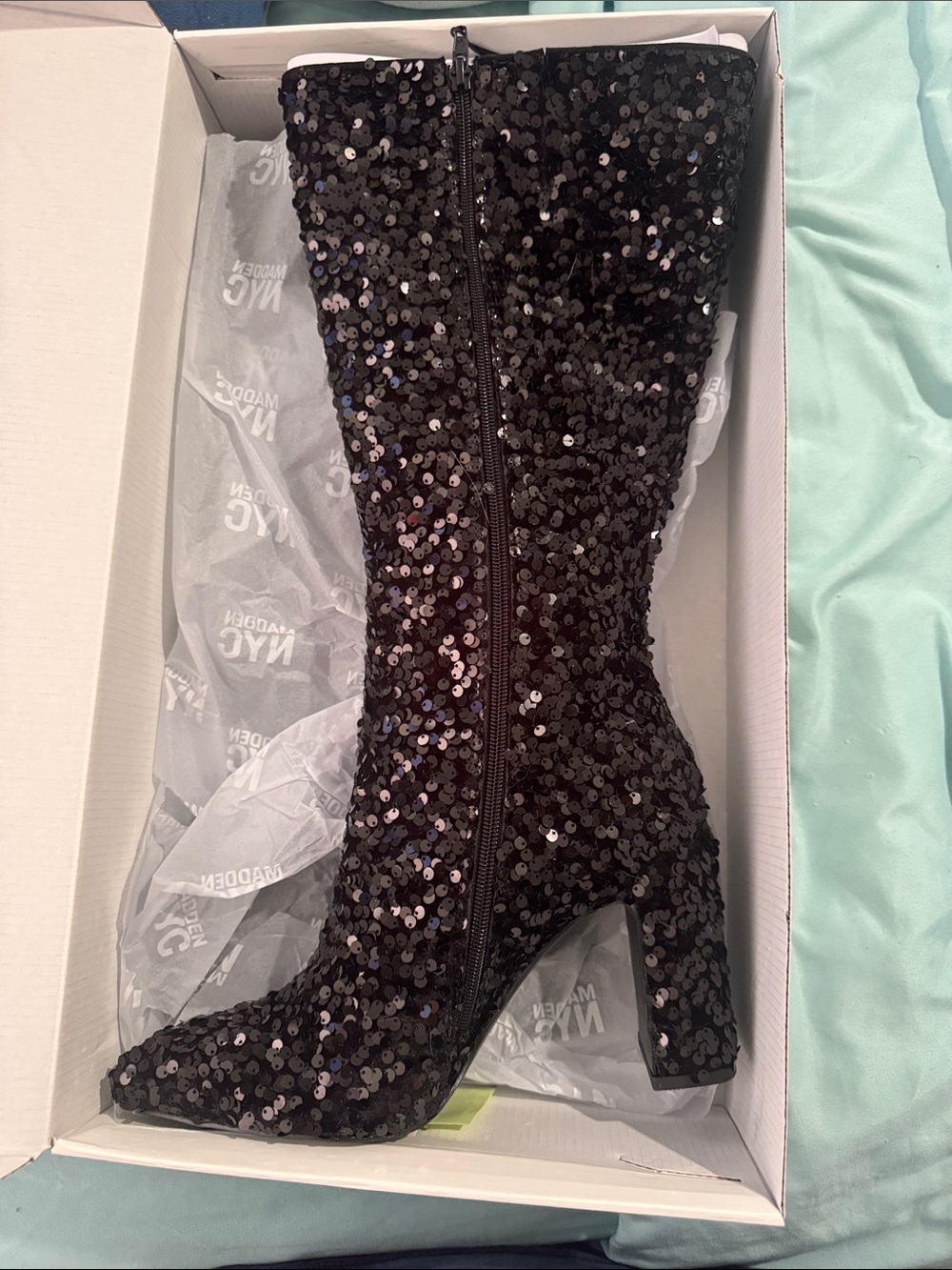 Sequined Mid-Calf Block Heel Boot - Black MADDEN NYC